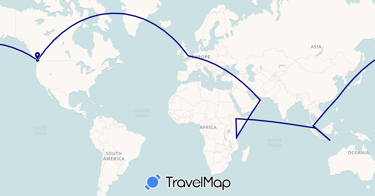 TravelMap itinerary: driving in Canada, Ethiopia, United Kingdom, Indonesia, Malaysia, Oman, Singapore, Taiwan, Tanzania (Africa, Asia, Europe, North America)